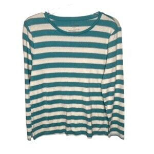 Talbotts Knits Women’s Large Petite Long Sleeve Aqua/White Sweater EUC